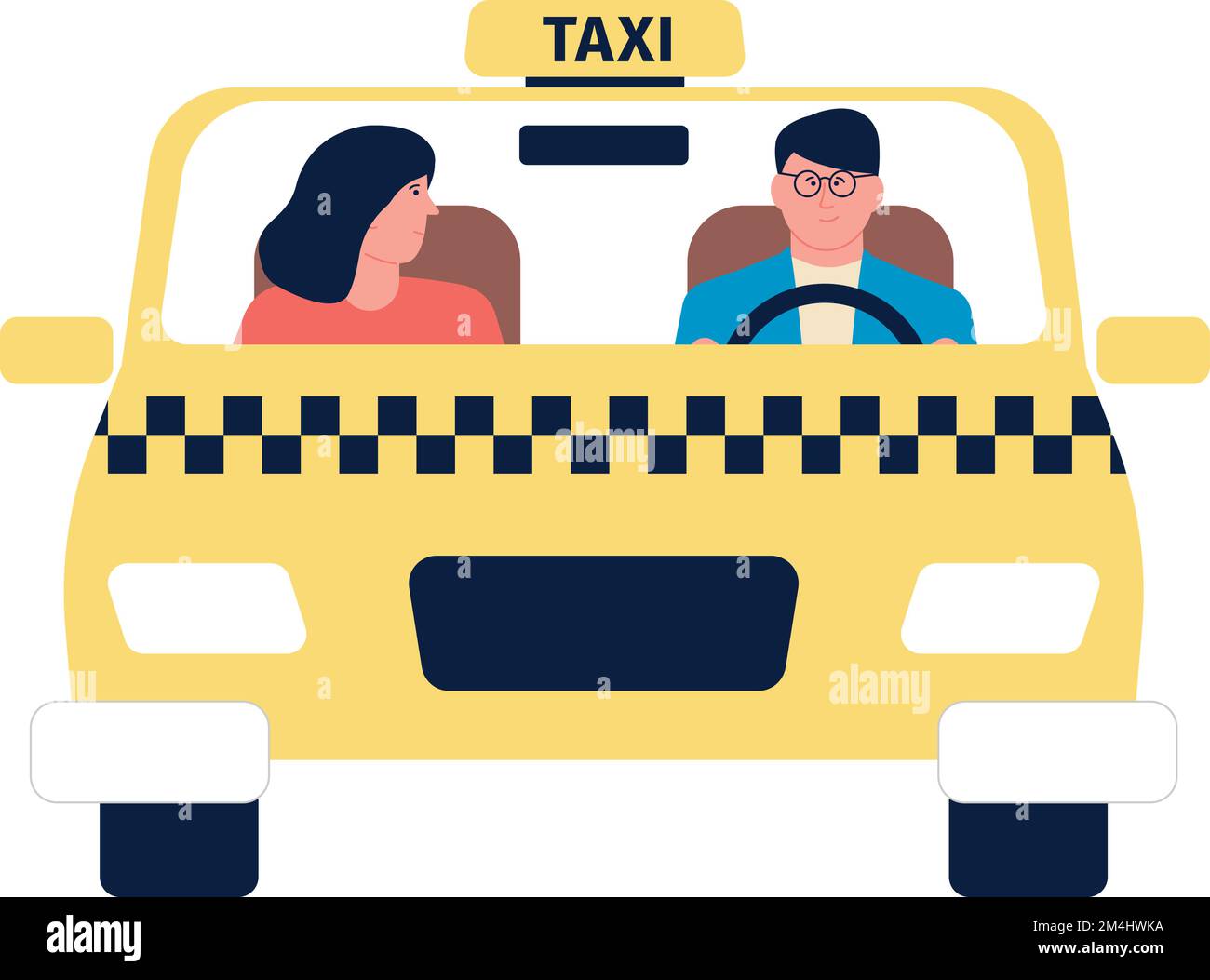 Taxi avec chauffeur et passager parlant. Vue avant de transport Illustration de Vecteur