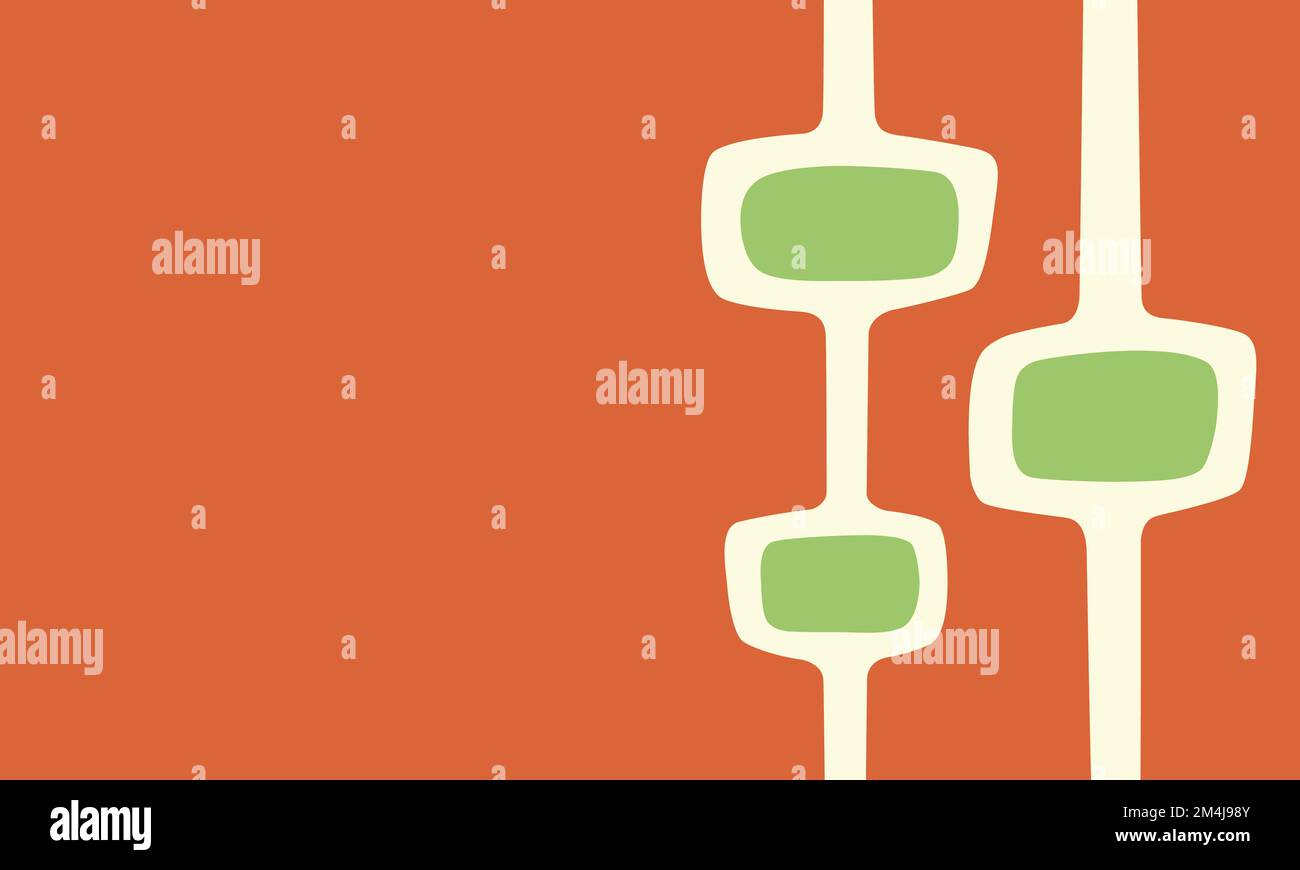 Éléments de conception biomophique orange rouille, vert avocat et blanc cassé avec espace de copie. Inspiré par 1950s Mid-Century Modern, Atomic Age, Space Age Illustration de Vecteur