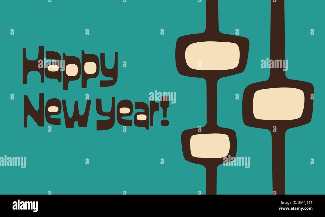 Joyeux nouvel an dans une police moderne du milieu du siècle et un motif mod-pod, en bleu sarcelle, brun foncé et crème. Illustration de Vecteur