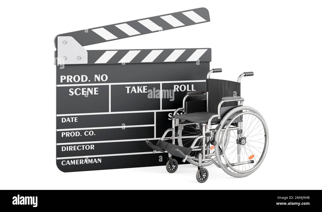 Clapperboard avec fauteuil roulant manuel, 3D rendu isolé sur fond blanc Banque D'Images