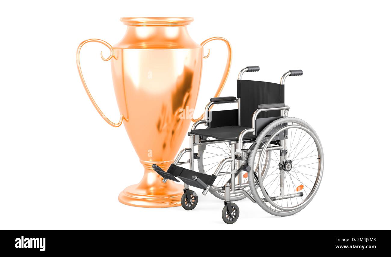 Sports pour personnes handicapées, concept de parasports. Trophée de la coupe d'or avec fauteuil roulant, 3D rendu isolé sur fond blanc Banque D'Images