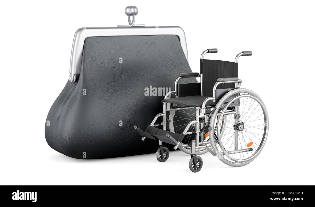 Prestations d'invalidité, concept. Fauteuil roulant avec pièce de monnaie, 3D rendu isolé sur fond blanc Banque D'Images