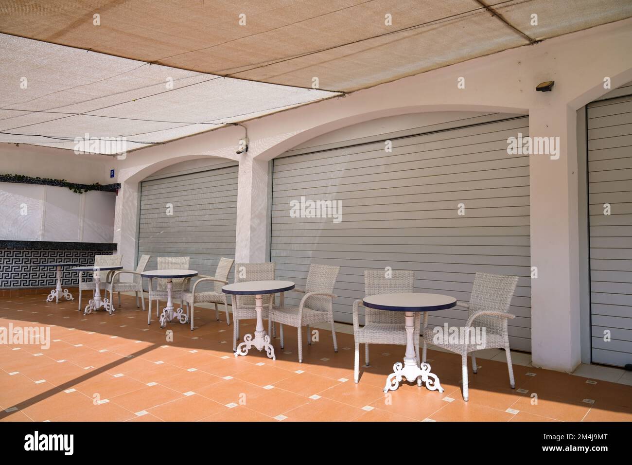 Strandrestaurant geschlossen, Cala Estany d'en Mas, Mallorca, Espagnol Banque D'Images