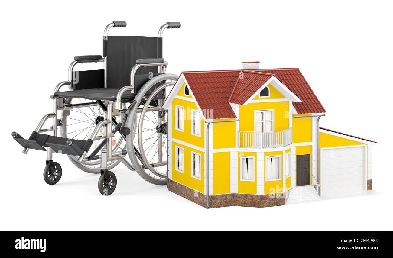 Fauteuil roulant manuel avec maison, 3D rendu isolé sur fond blanc Banque D'Images