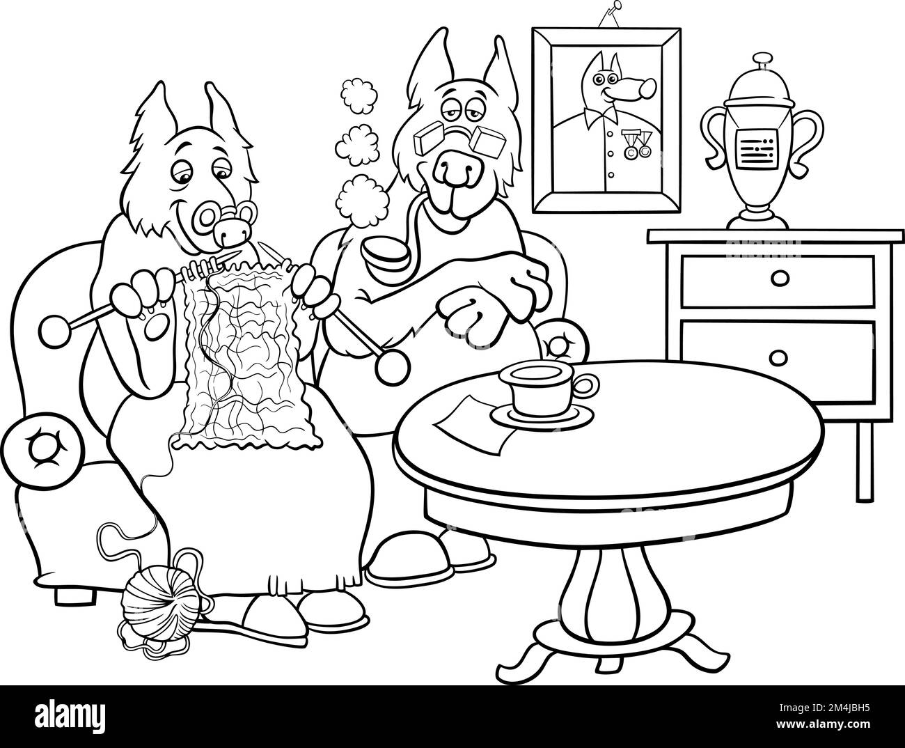 Dessin animé noir et blanc illustration de drôle de personnages de chien senior couple à la page de coloriage d'accueil Illustration de Vecteur