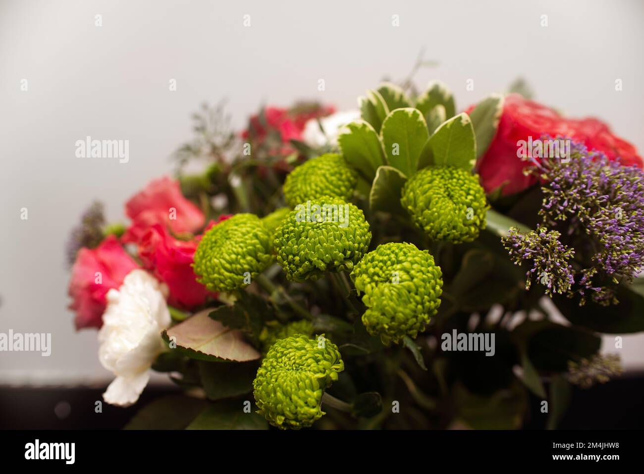 Arrangement de fleurs cadeau, un bouquet de fleurs mélangées de chrysanthèmes verts et des œillets dans un magasin de fleurs Banque D'Images