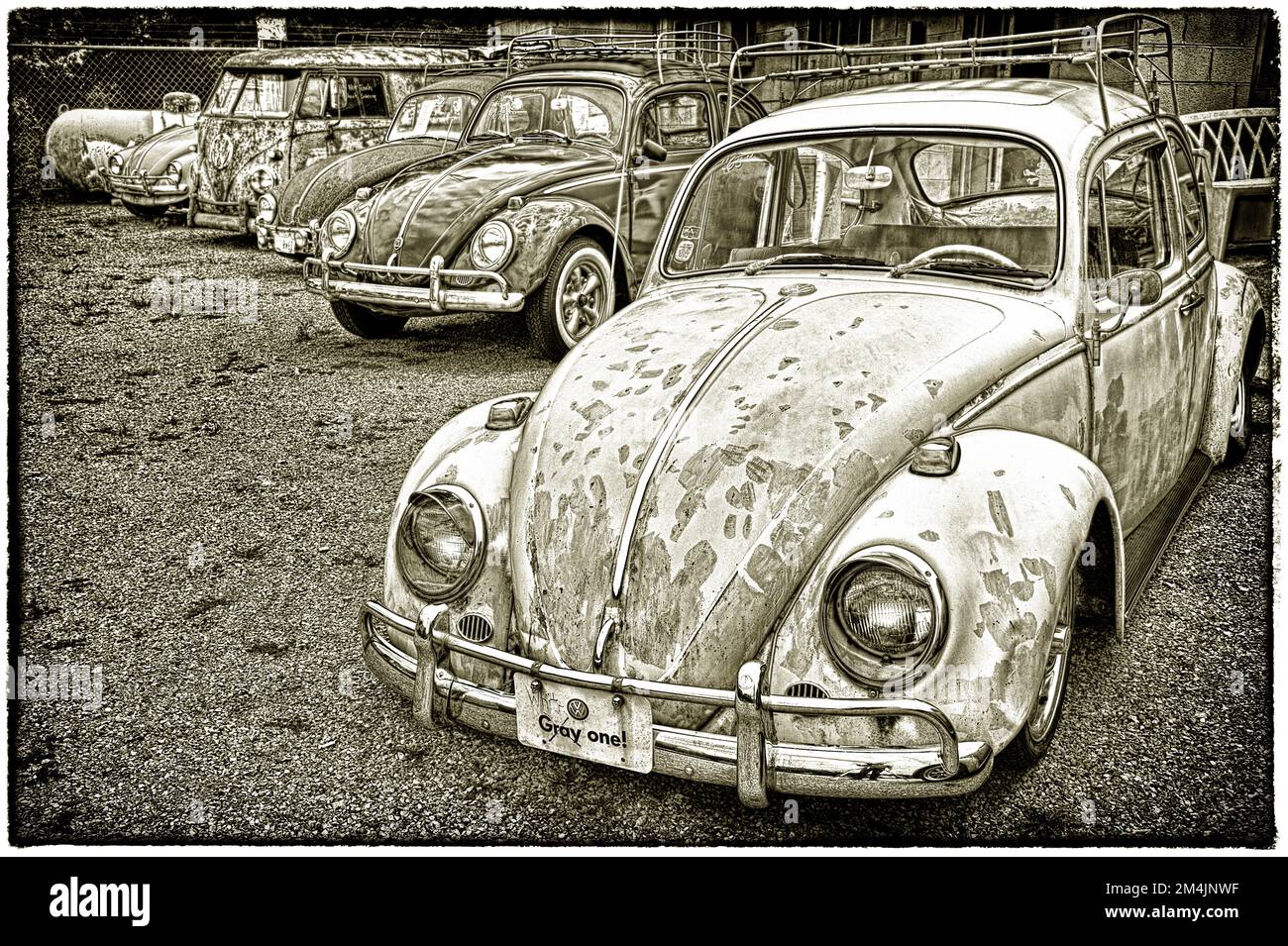 Une photographie noire et blanche grungy de plusieurs anciens VWS à divers stades de décomposition. L'image présente une vignette sombre et une bordure rugueuse. Banque D'Images