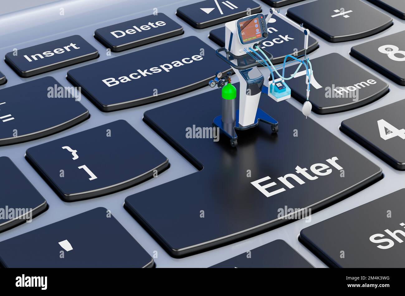 Ventilateur médical sur clavier d'ordinateur portable, rendu 3D Banque D'Images