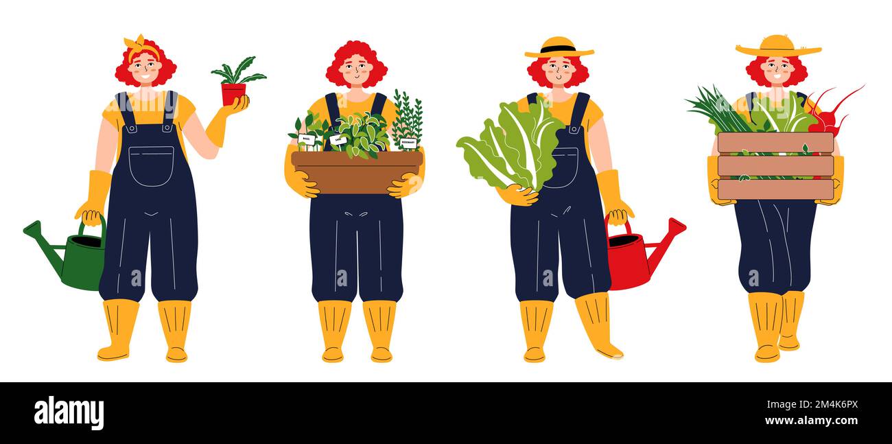 Un ensemble de caractères comme blanc mignon jardinier. Jeune femme souriante portant une boîte de légumes. REDHEAD fille dans un chapeau tenant le chou chinois et l'eau Illustration de Vecteur