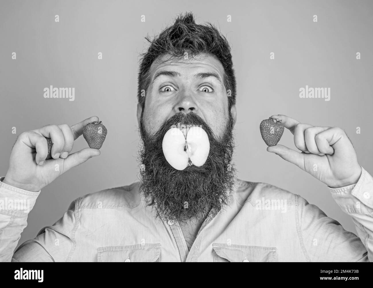 Remplissage de fruits. Homme beau hipster longue barbe manger pomme tenir fraise. Taille basse surprise appréciez la garniture de fruits. Pomme bourrée homme. Bouche de pomme Banque D'Images