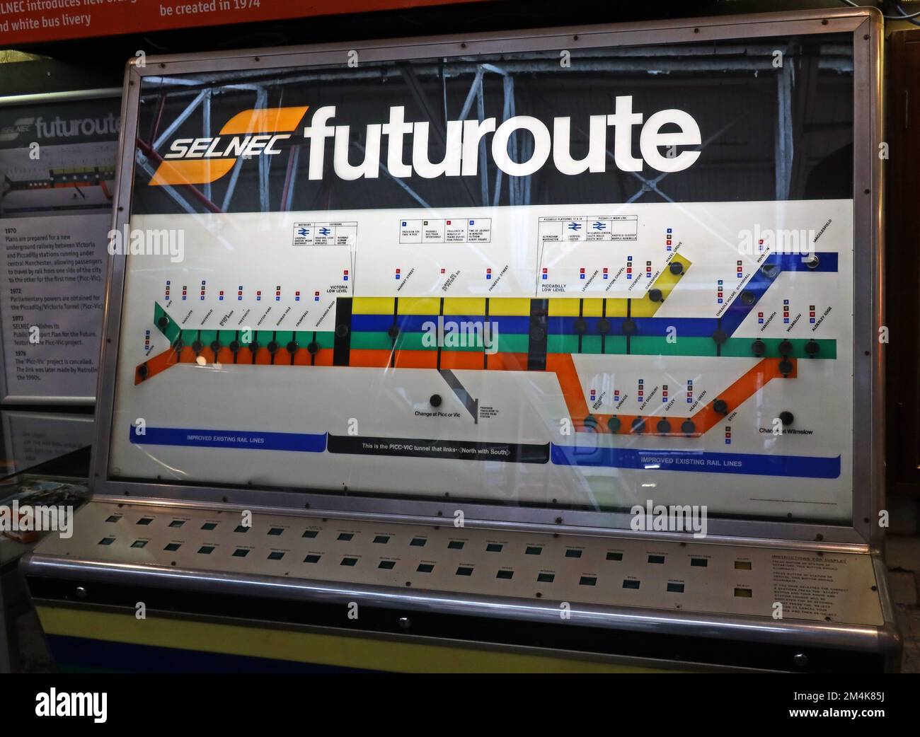 Exposition schématique de SELNEC Futuroute, liaisons de transport prévues par la gare de Manchester, Angleterre, Royaume-Uni Banque D'Images