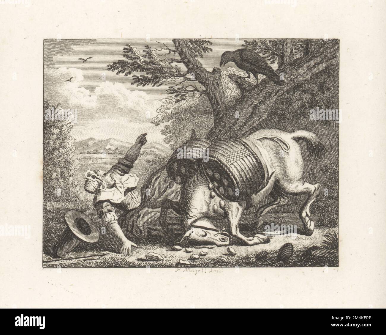 La femme du fermier et le Corbeau. Un emballeur tombe sur une route qui fait sortir des œufs des valises. La femme de l'agriculteur se curse à un corbeau dans un arbre. Gravure sur plaque de coperplate par Peter Mazell d'après une illustration de John Wootton de Fables par John gay, avec a Life of the Author, John Stockdale, Londres, 1793. Banque D'Images