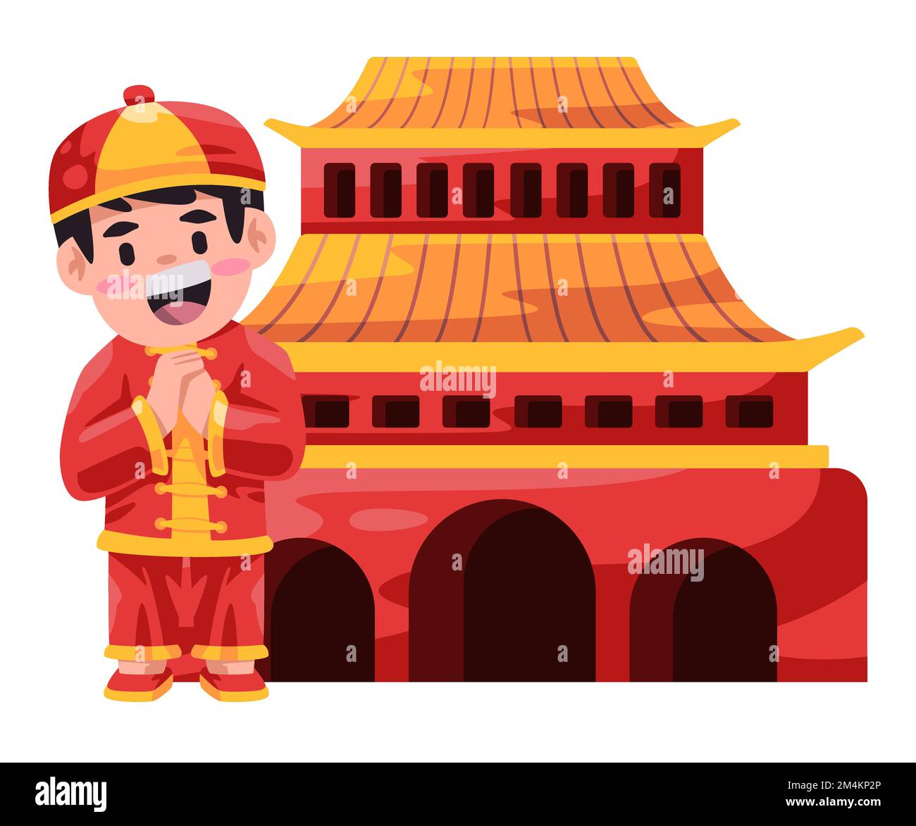 Les enfants chinois portant un costume traditionnel posent devant le bâtiment historique chine dessin illustration Illustration de Vecteur