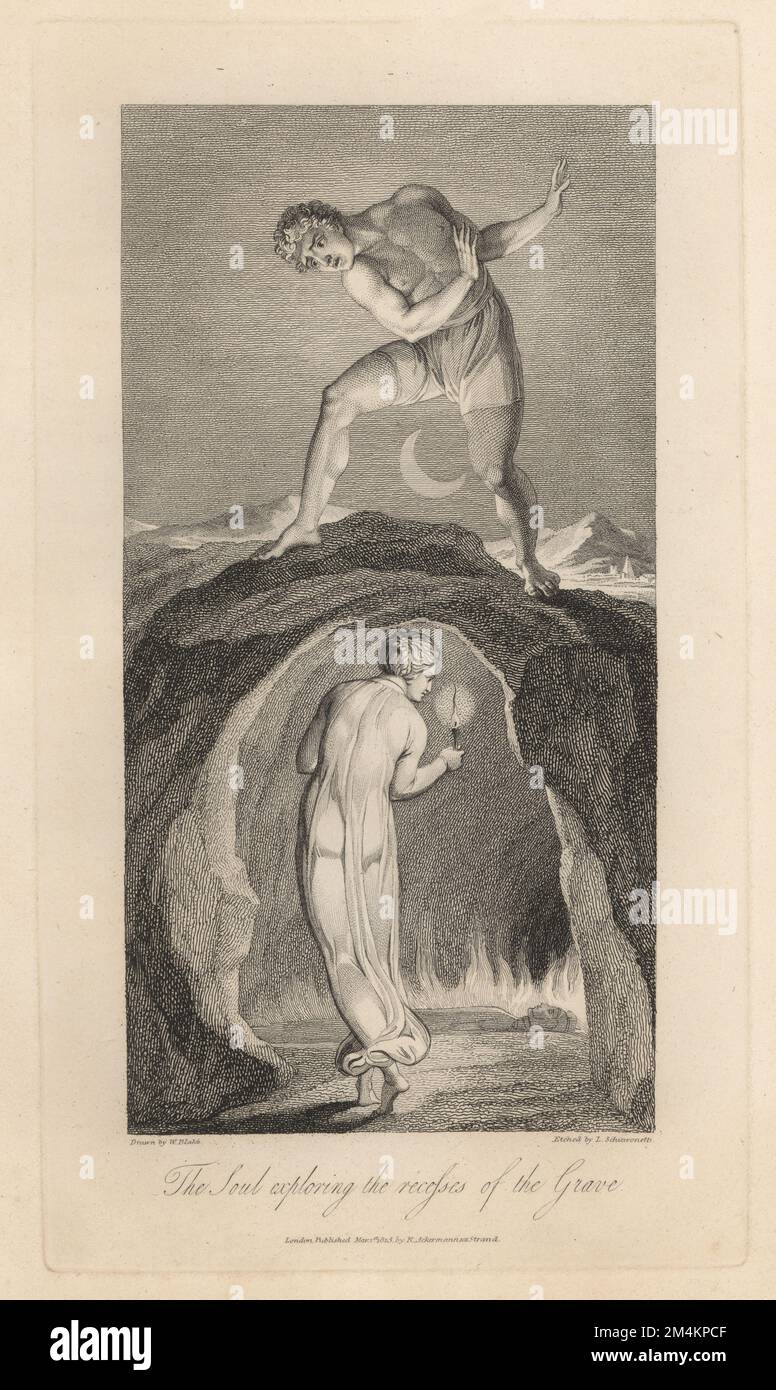 L'âme explorant les cavités de la tombe (plaque VII). Une femme dans un carénage avec bougie marche vers les flammes dans une grotte. Un homme regarde depuis le haut au clair de lune. Gravure sur plaque de coperplate par Louis Schiavonetti d’après un dessin original de William Blake de la tombe de Robert Blair, T. Bensley pour Rudolph Ackermann, 1813. Banque D'Images