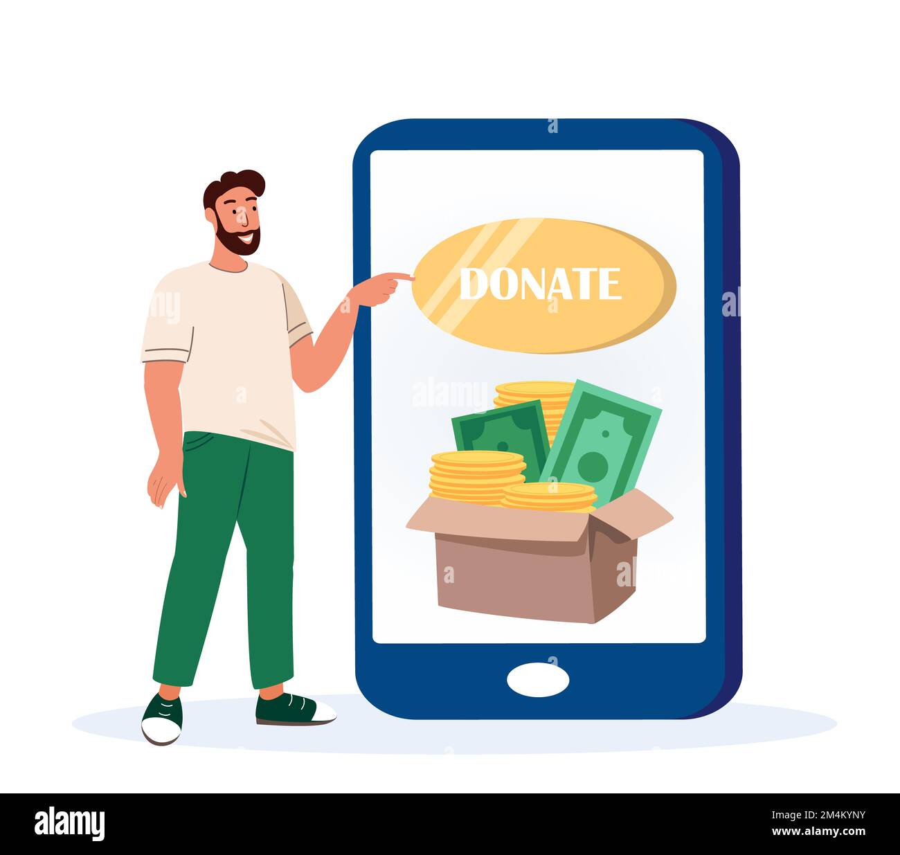 Contribution, aide aux personnes dans le besoin concept.Homme,personnage masculin utiliser l'application mobile pour le don. Bouton-poussoir donner de l'argent sur l'application d'écran de smartphone Banque D'Images