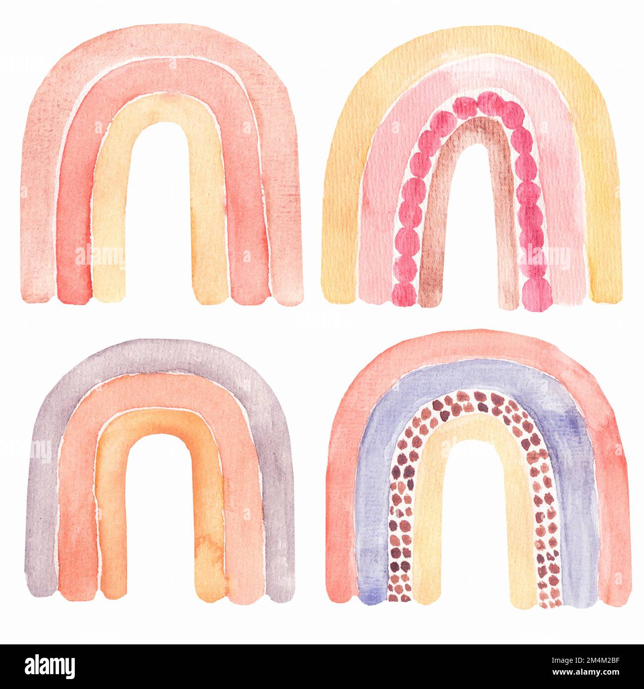 Ensemble de raindow aquarelle abstrait pour enfants, clipart avec arcs-en-ciel en boho peints à la main. Art de la pépinière dans le style scandinave tendance.Art contemporain Banque D'Images