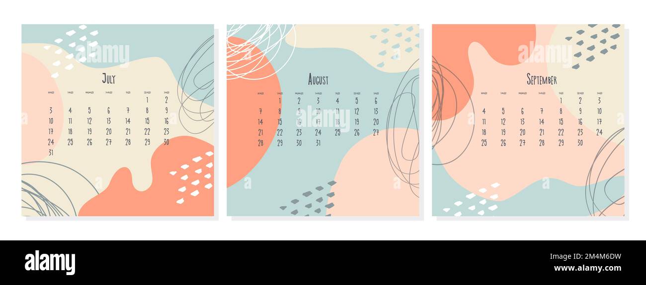 Ensemble de 2023 modèle de calendrier par mois juillet août septembre , concept de couverture de calendrier, illustration abstraite de style boho. Illustration vectorielle Illustration de Vecteur