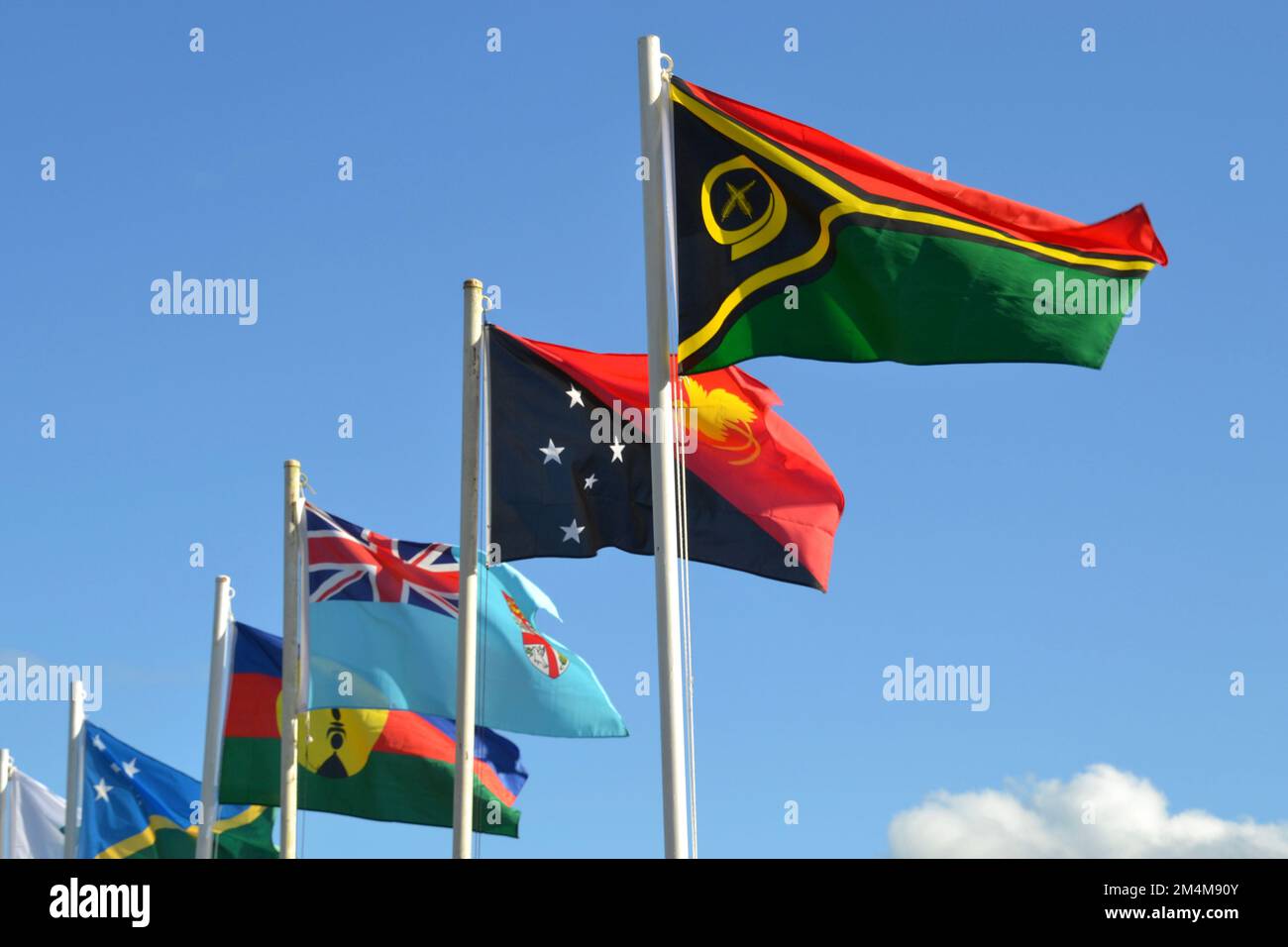 Les drapeaux des pays de Polynésie et de Mélanésie qui se sont envolant ensemble comprennent les drapeaux nationaux de Vanuatu, de Papouasie-Nouvelle-Guinée, des Îles Salomon, de Nouméa et de Fidji Banque D'Images