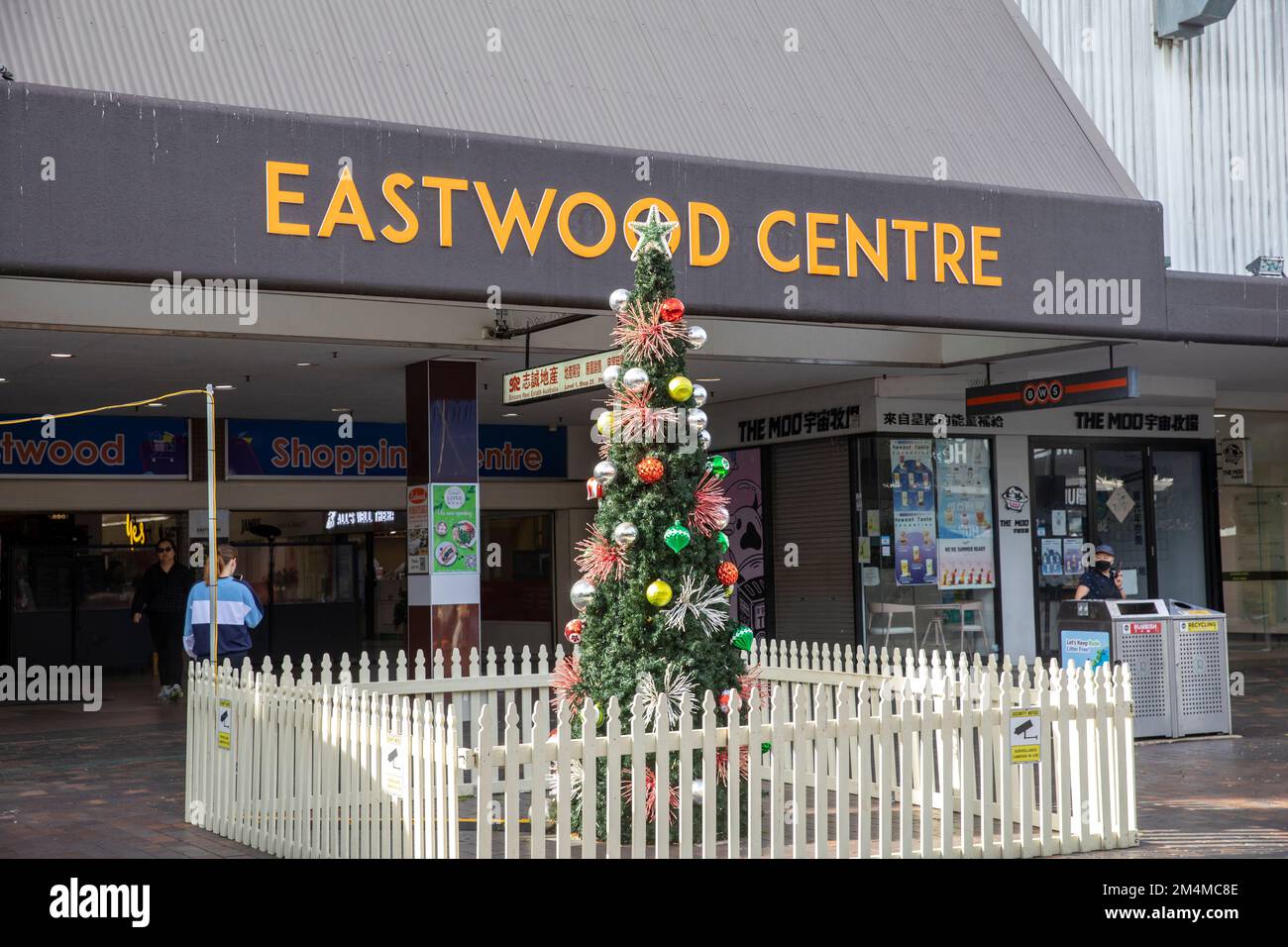 Centre commercial Eastwood avec arbre de Noël exposé à l'extérieur du centre commercial, ville Eastwood de Ryde, Sydney, Nouvelle-Galles du Sud, Australie Banque D'Images