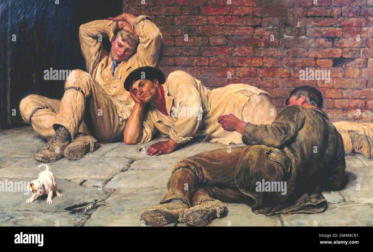 Briton Riviere - Giants à jouer - 1882 - trois ouvriers qui s'inclinent sur le terrain jouent avec un jeune chien de chiot. Banque D'Images