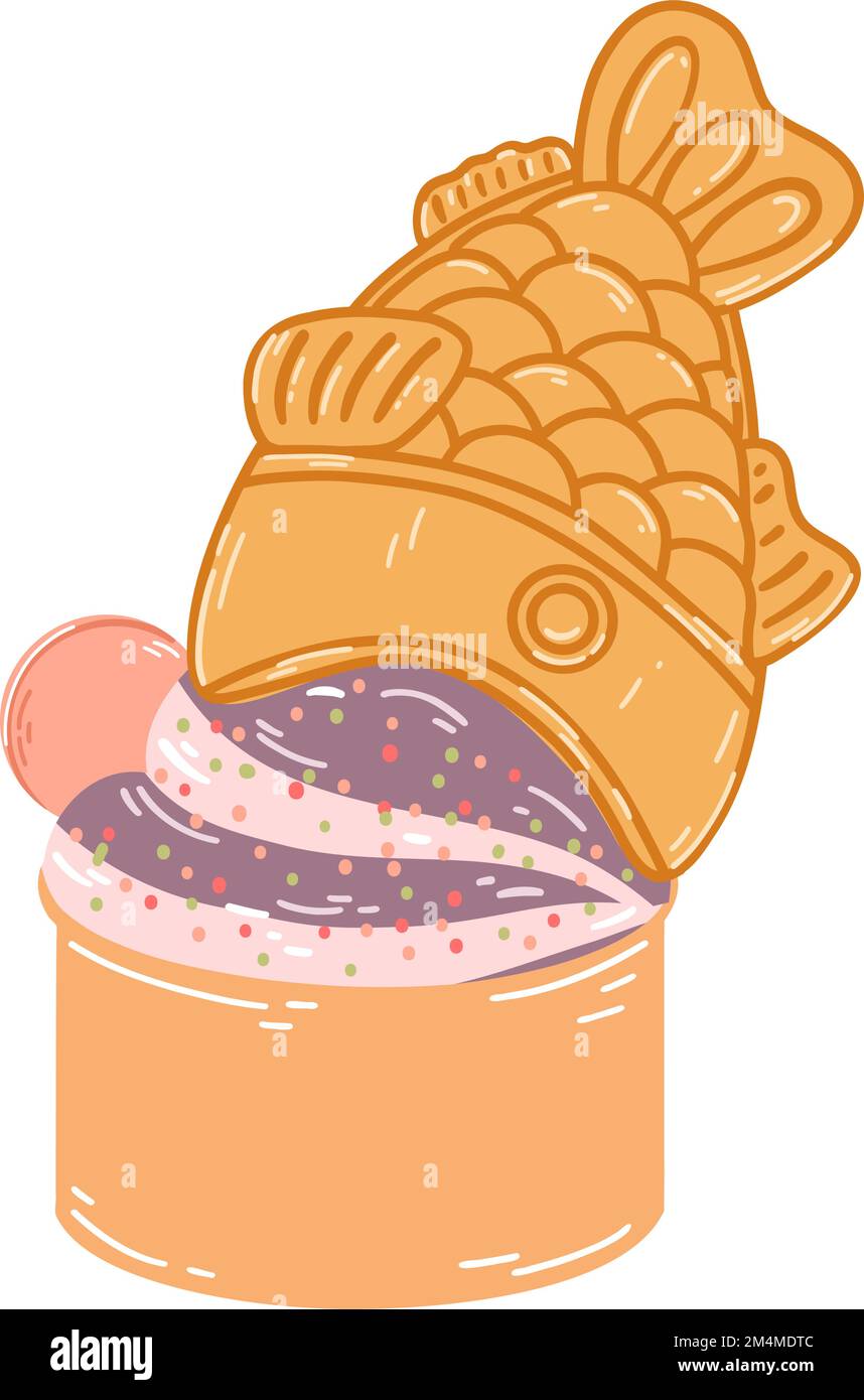 Cône de glace taïyaki en forme de poisson de style dessin animé plat. Illustration vectorielle dessinée à la main de la cuisine japonaise traditionnelle, sucrée, dessert Illustration de Vecteur