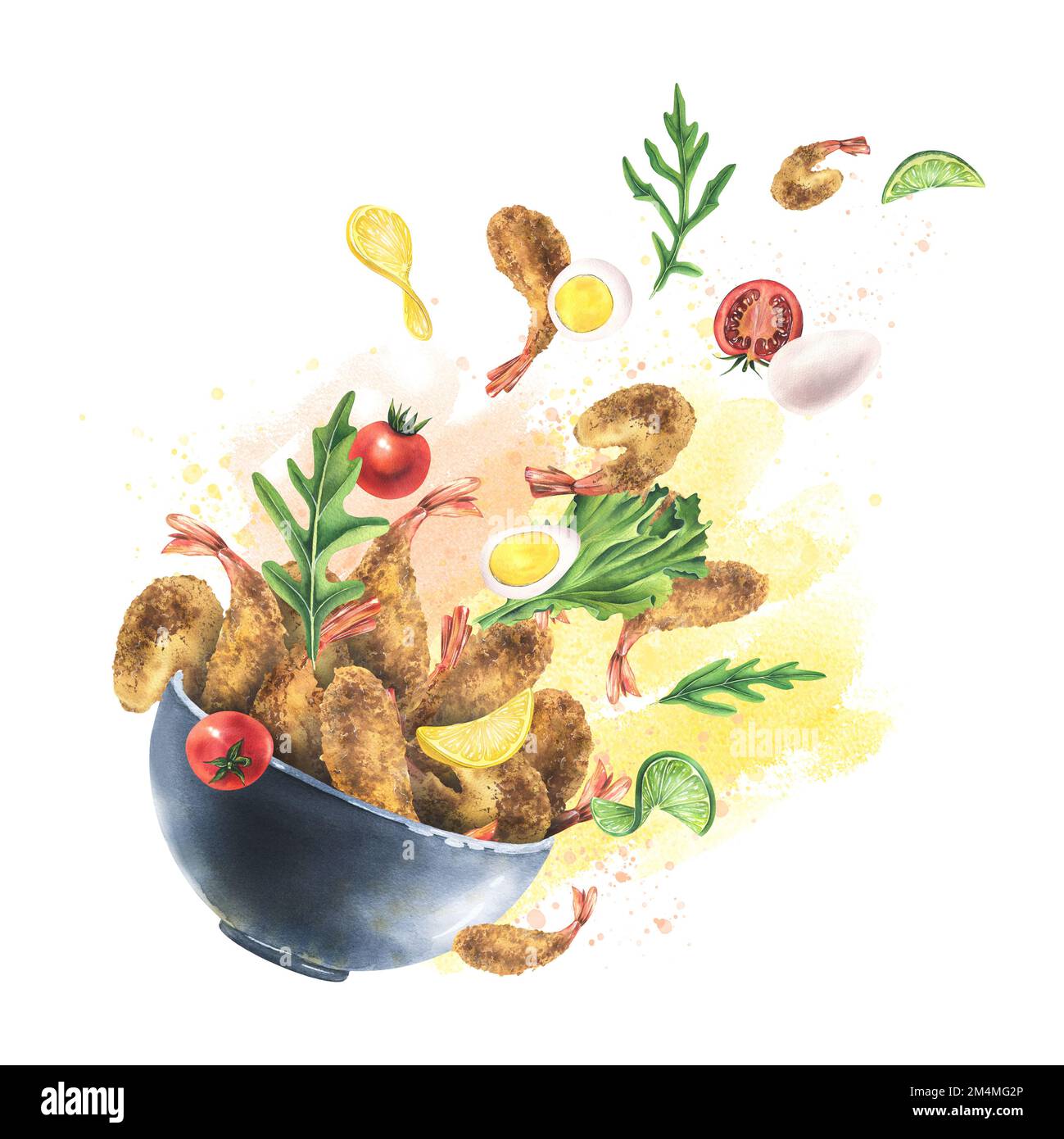 Crevettes panées, tempura dans un bol en céramique avec des arugula, des tomates cerises, des œufs de caille, de la lime et du citron. Illustration aquarelle. Composition de la lévitation Banque D'Images