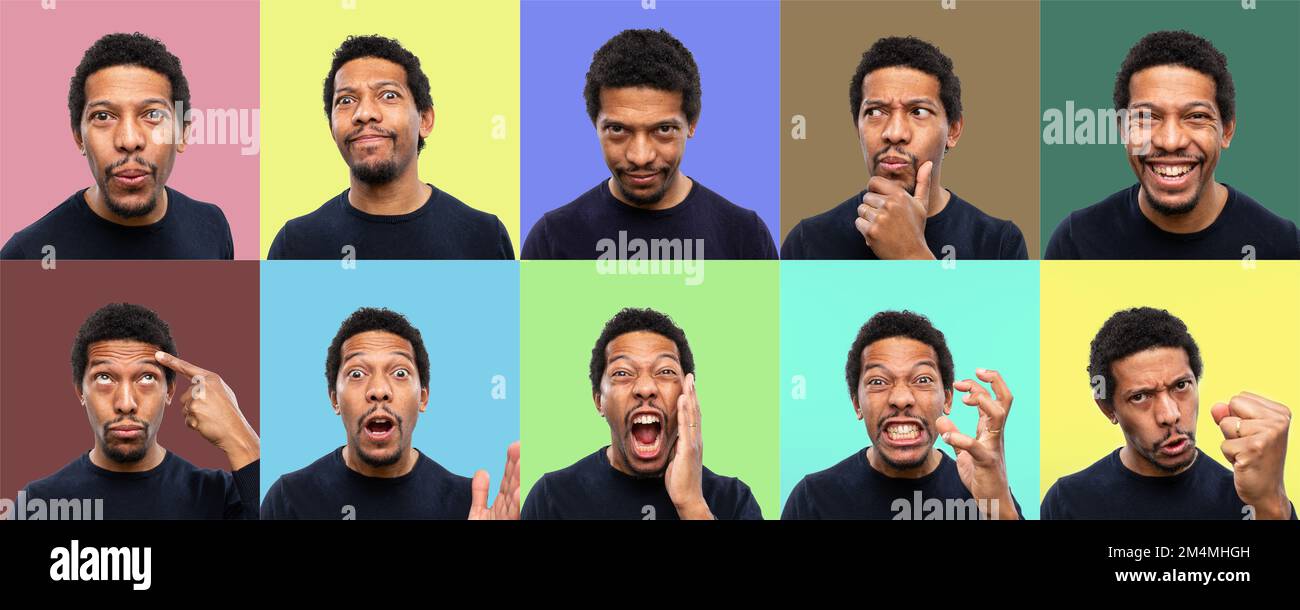 Collage avec un garçon africain faisant différentes expressions avec le visage. Collage de portraits sur des arrière-plans de différentes couleurs. Visages de colère, d'étonnement, Banque D'Images