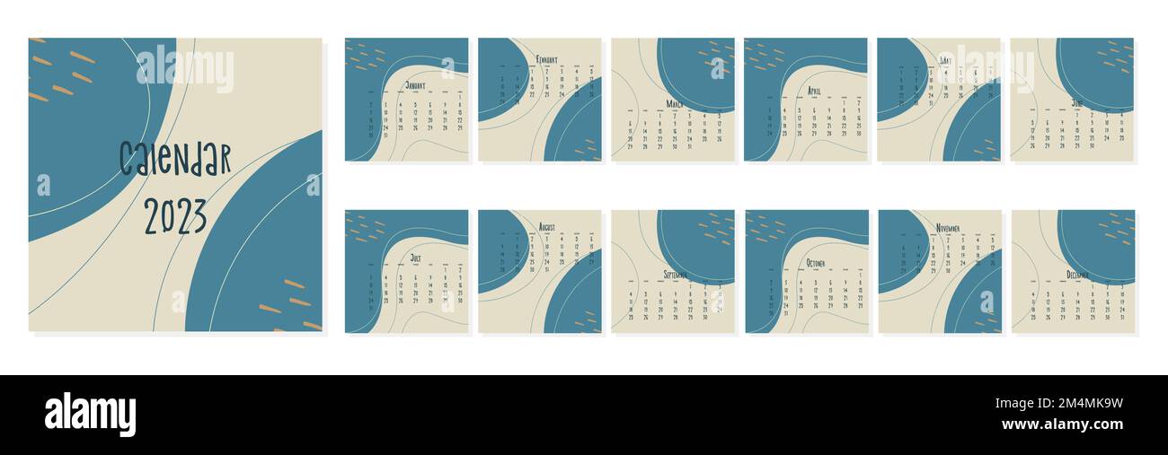 Ensemble de 2023 modèles bleus de calendrier par mois, concept de couverture de calendrier, illustration abstraite de style boho. Illustration vectorielle Illustration de Vecteur