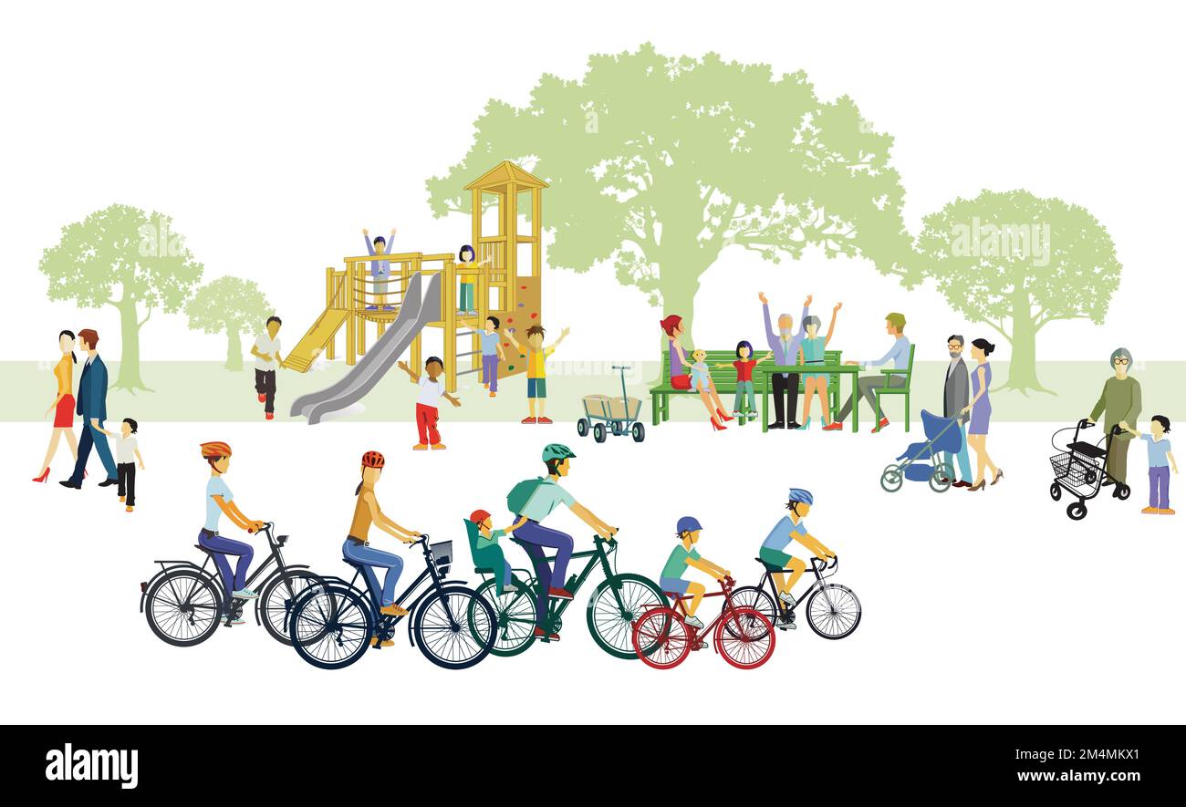 Vélo avec les enfants et la famille, illustration Illustration de Vecteur