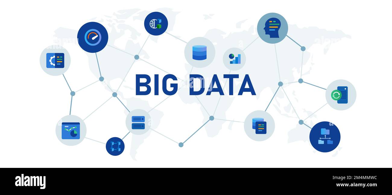 Concept de base de données Big Data illustré interconnecté icônes bleues  fond blanc large en-tête format d'entreprise Image Vectorielle Stock - Alamy