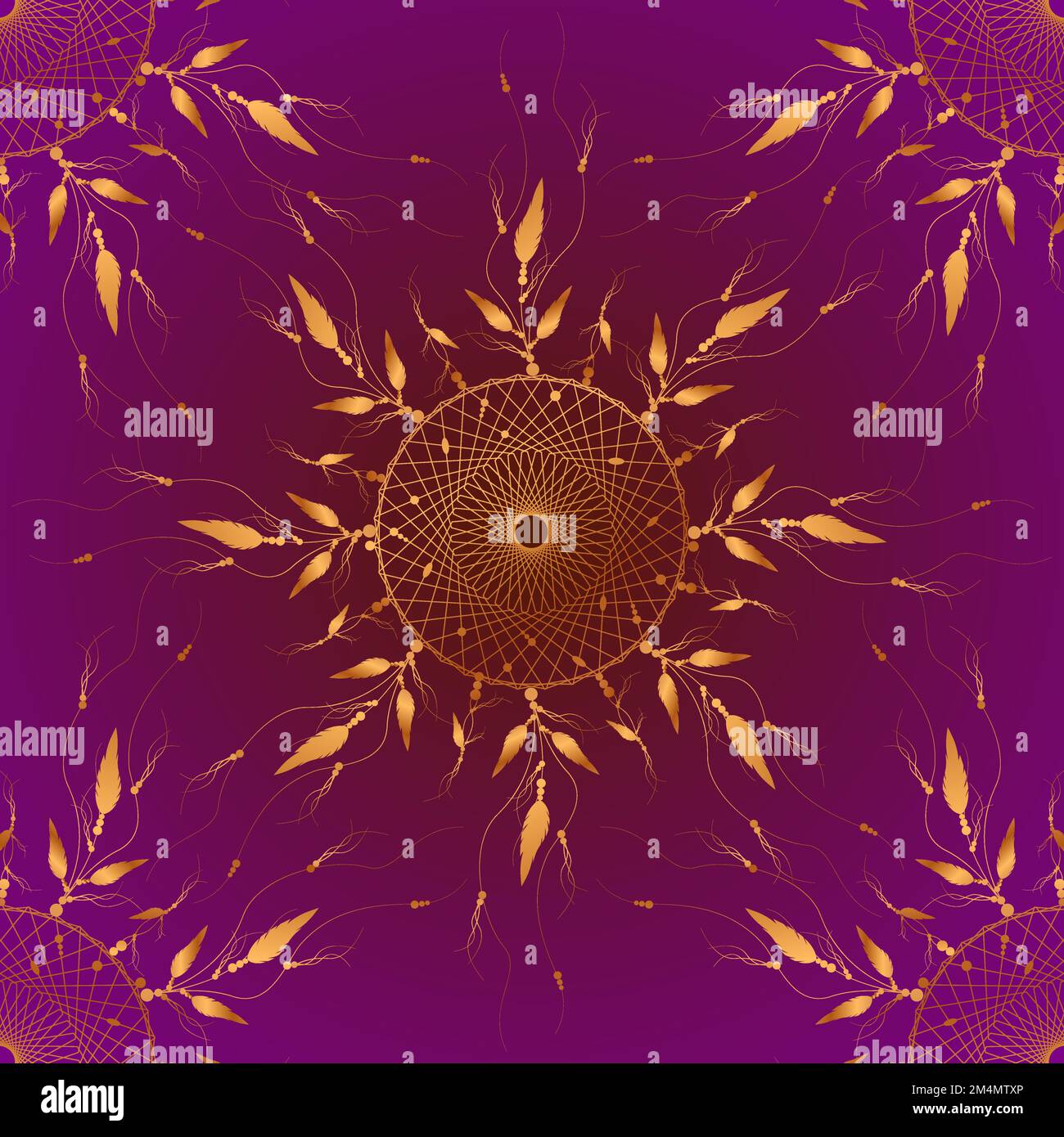 Décoration à motif mandala de Dreamcatcher, plumes d'oiseau et fleurs de soleil, symbole mystique rond doré, art ethnique avec motif boho amérindien, Illustration de Vecteur