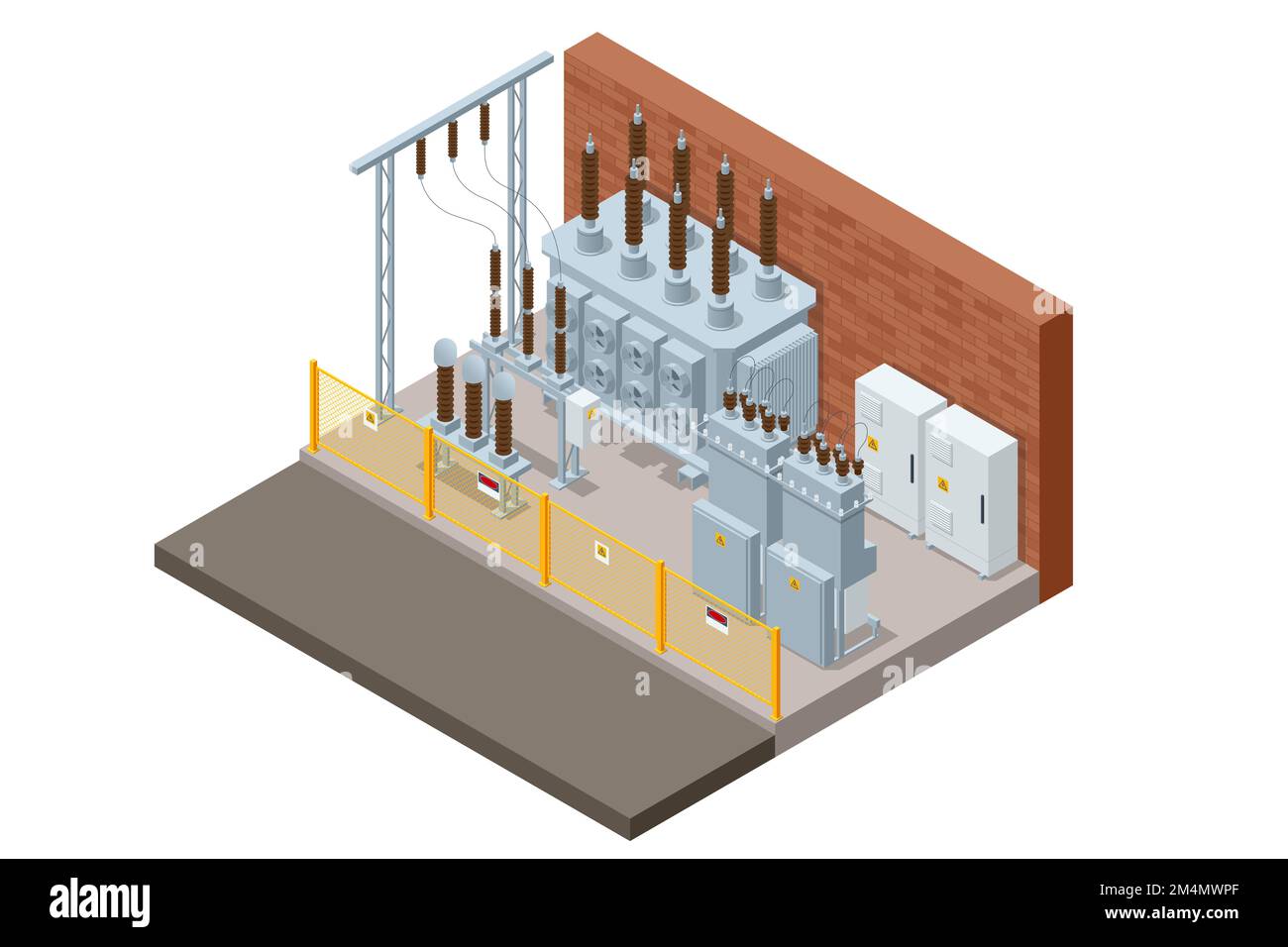 Transformateur isométrique . Chaîne de distribution de l'usine d'énergie électrique. Sous-station d'énergie de l'icône de l'ensemble isolé. Station d'alimentation haute tension. Illustration de Vecteur