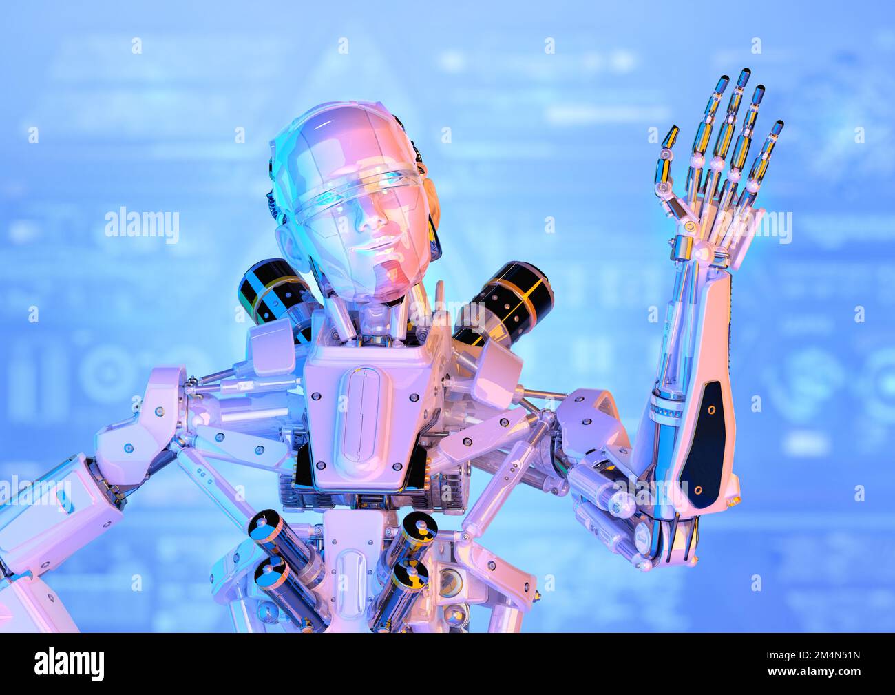 Robot, humanoid ou cyborg android bras robotisé levé en orvant Bonjour. Machine intelligence artificielle, science, ai technologie 3D publicité cybernétique Banque D'Images