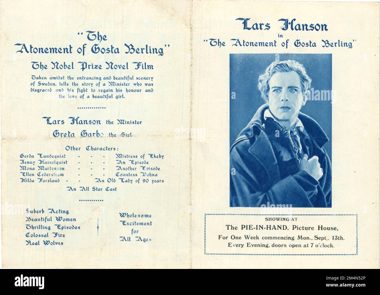 Version originale British Herald / Flyer pour LARS HANSON et GRETA GARBO dans GOSTA BERLINGS SAGA / L'EXPIATION DE GOSTA BERLING / LA SAGA DE GOSTA BERLING 1924 réalisateur MAURITZ STILLER roman Selma Lagerlof Svensk Filmindustri (SF) Banque D'Images