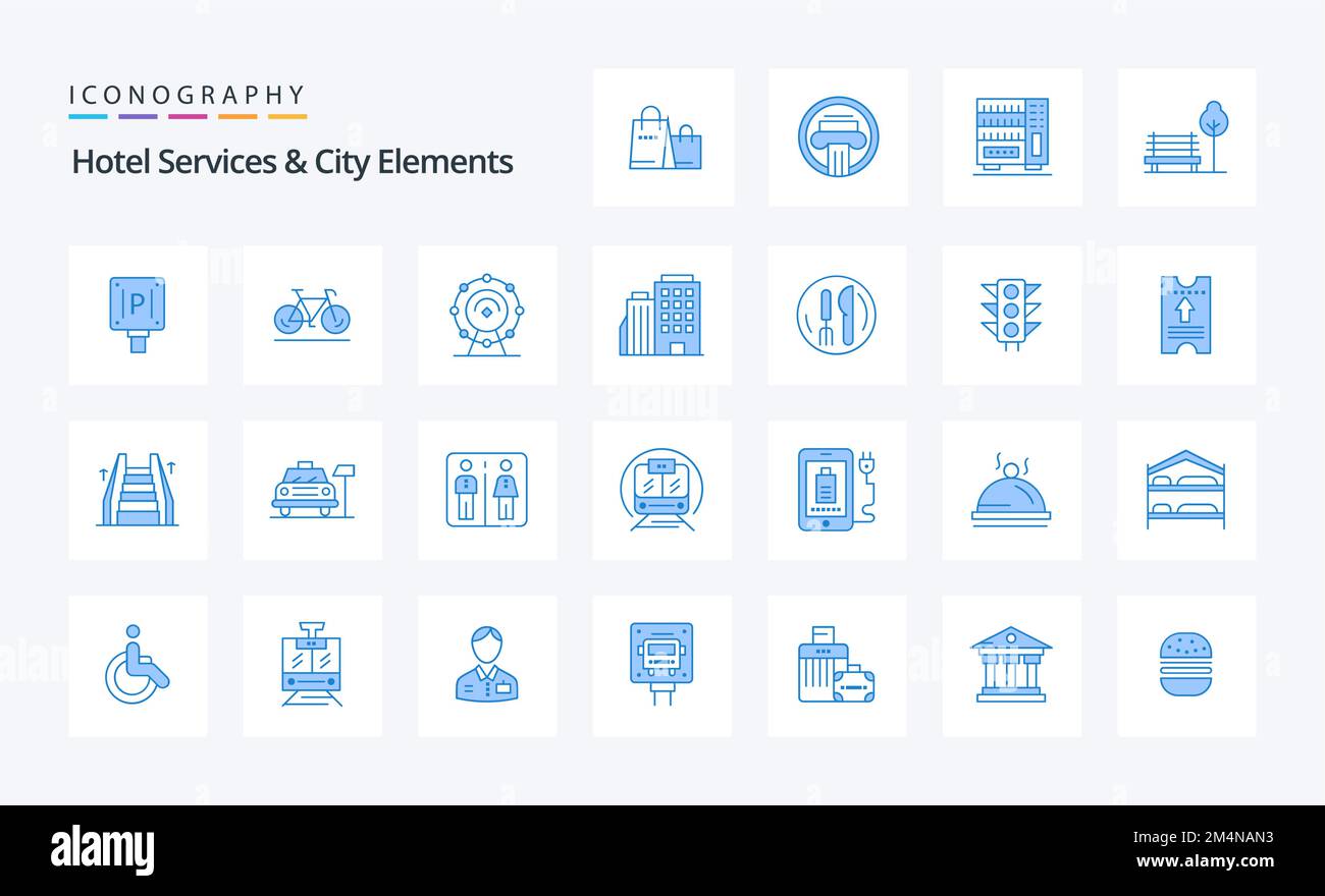 25 Pack d'icônes bleu pour les services de l'hôtel et les éléments de la ville Illustration de Vecteur