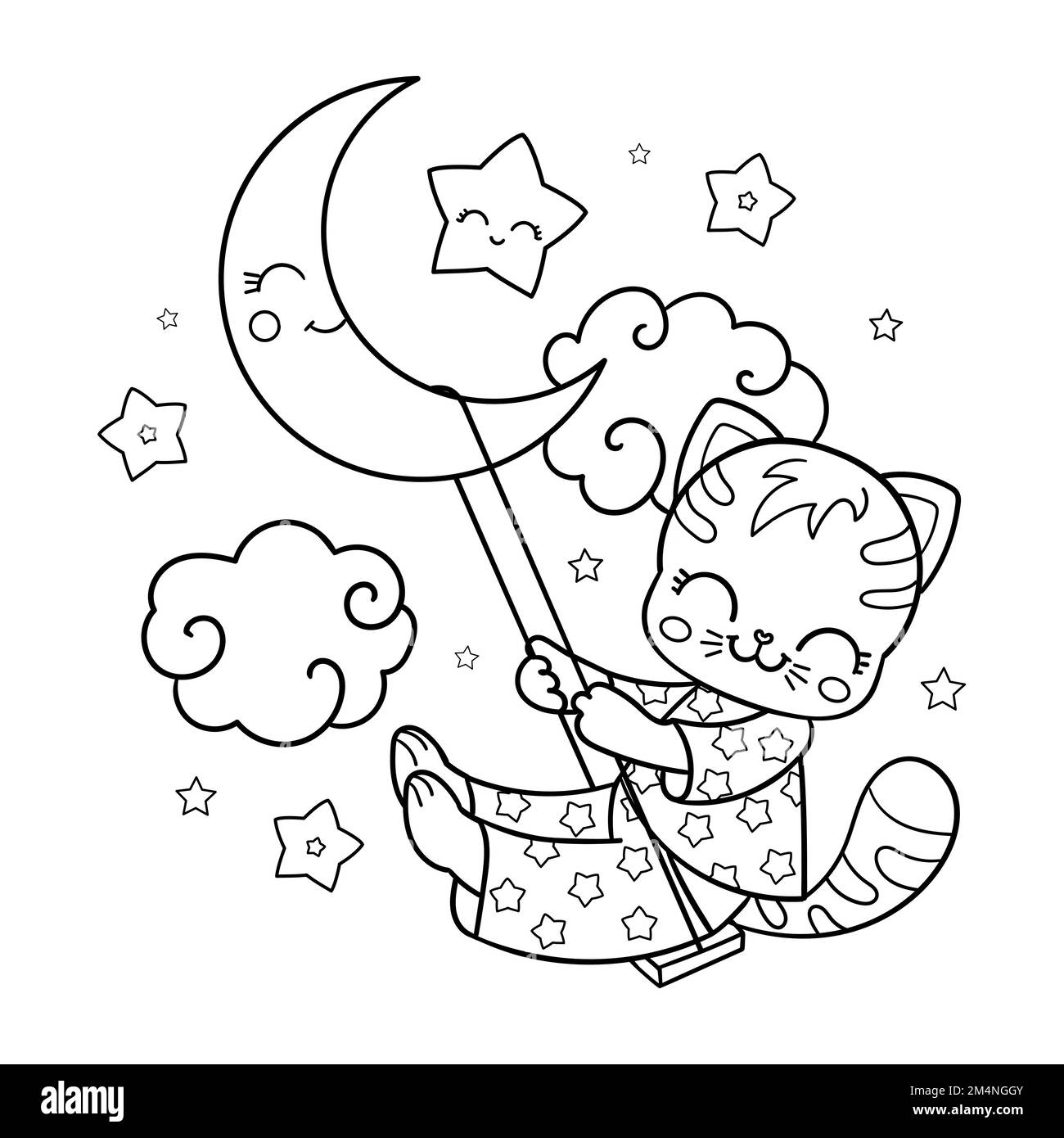 Le chat en pyjama bascule sur la lune. Illustration linéaire noir et blanc. Vecteur Illustration de Vecteur