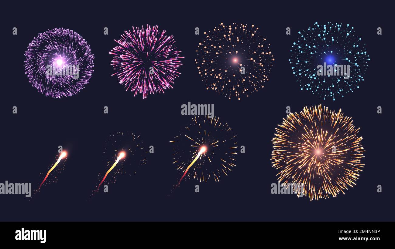 Collection réaliste de feux d'artifice sur fond sombre avec sentiers et sparkles Illustration de Vecteur