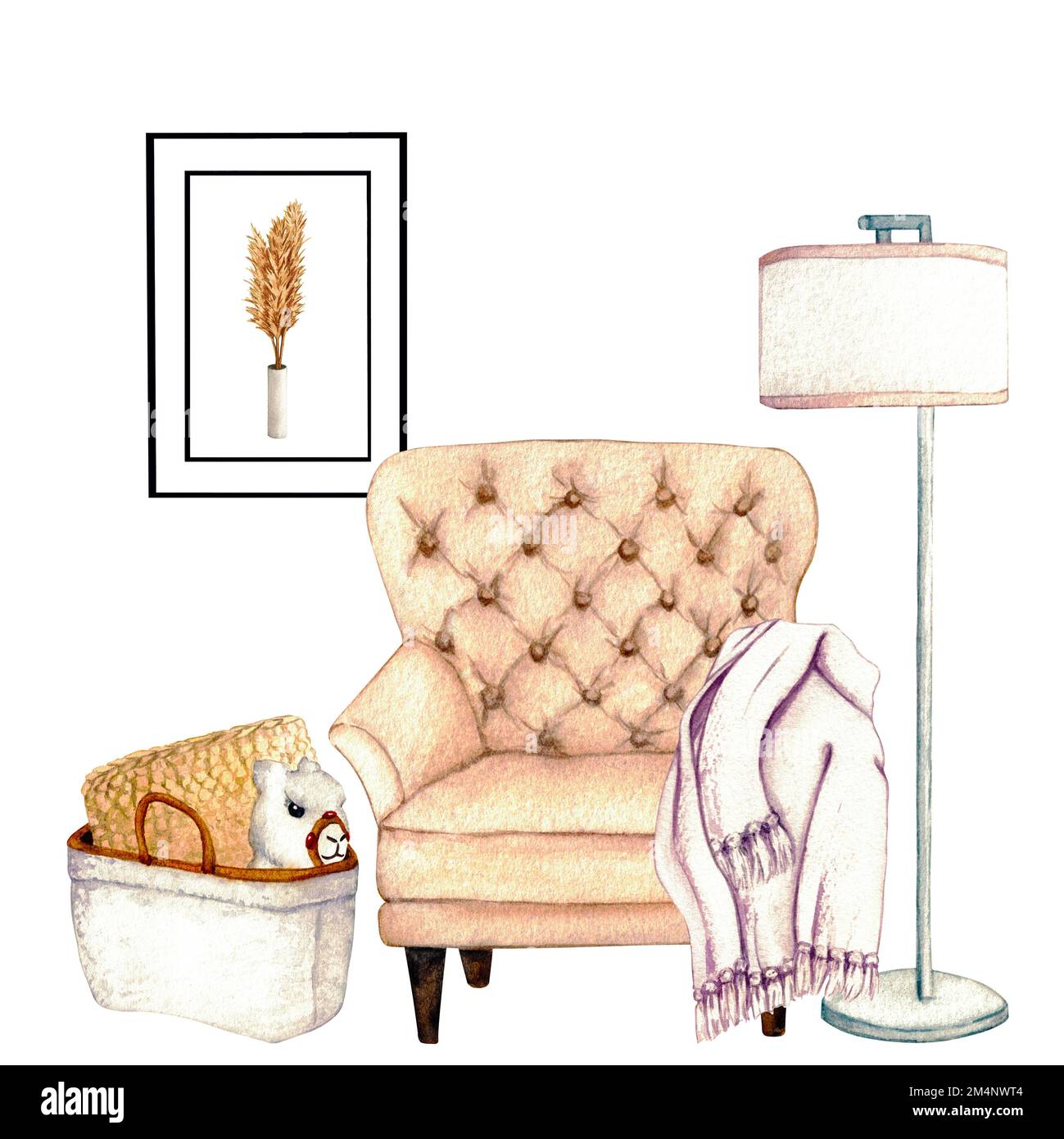Aquarelle illustration de l'intérieur de la salle de séjour avec peinture intérieure et décor. Clipart. Éléments de décoration sur fond blanc. Panier en osier. T Banque D'Images