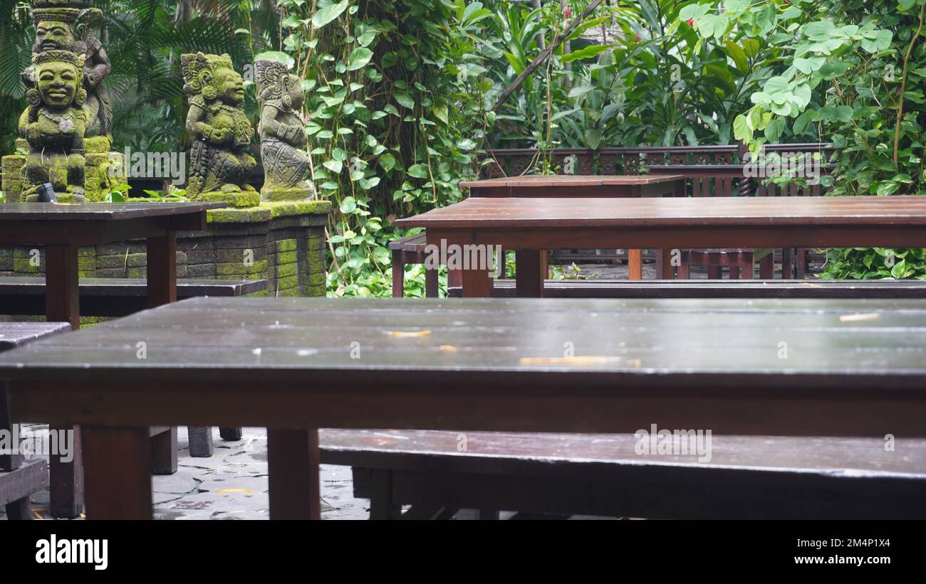 Bancs de jardin, tables et chaises en bois entourés de verdure fraîche. Environnement calme et paisible Banque D'Images