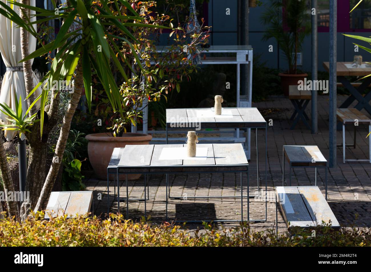 Plusieurs tables se trouvent sur une terrasse décorée de pots de fleurs et de plantes, qui vous attendent. Banque D'Images