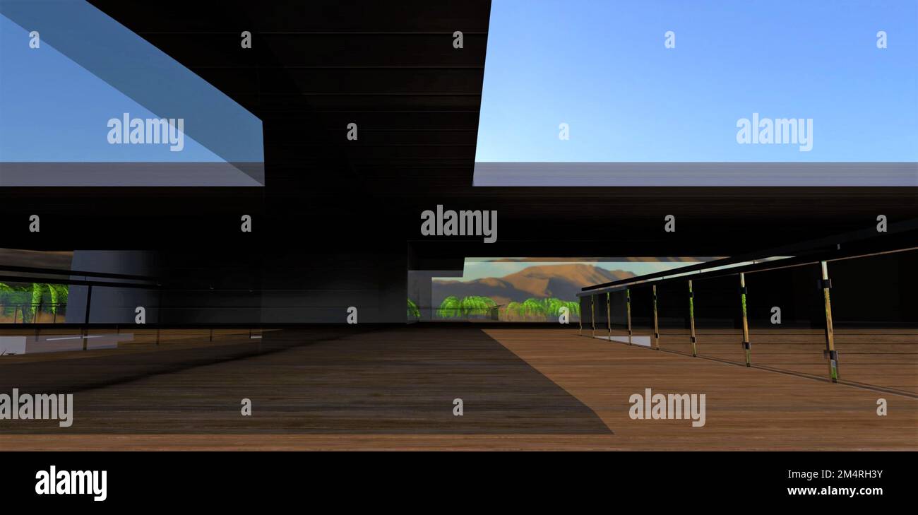 abstraction architecturale. Terrasse en bois d'une maison privée étonnante. Reflet de palmiers sur fond de montagnes dans un solide Banque D'Images