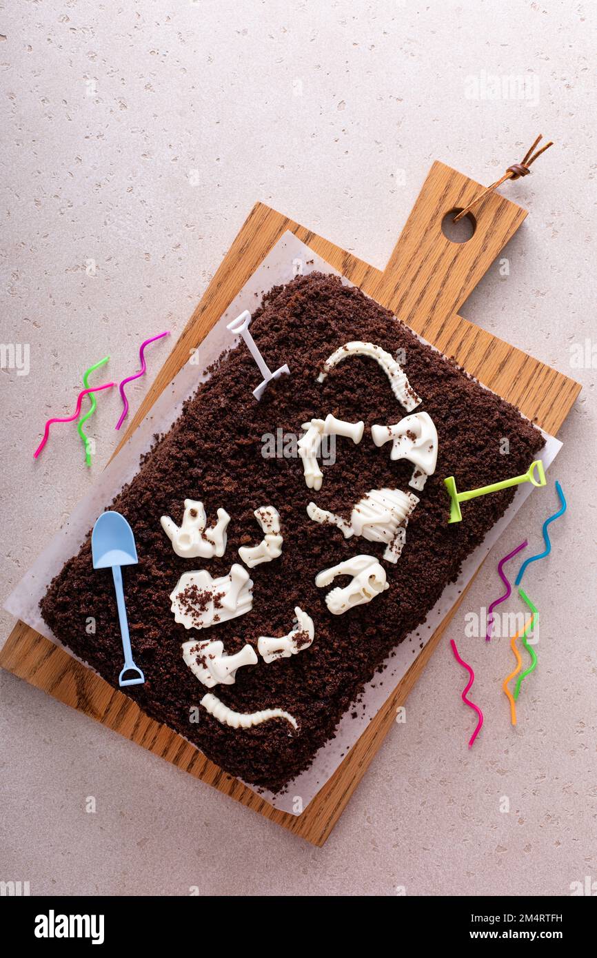 Gâteau au chocolat avec os de dinosaure pour un anniversaire d'enfant, idée de gâteau de naissance à thème Banque D'Images