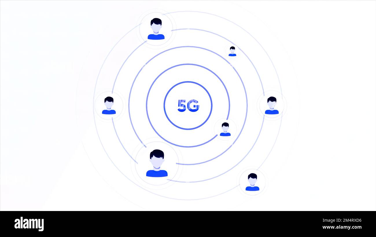 Norme technologique de cinquième génération pour les réseaux cellulaires à large bande. Mouvement. 5G diffusion du signal et des icônes de personnes sur fond blanc Banque D'Images