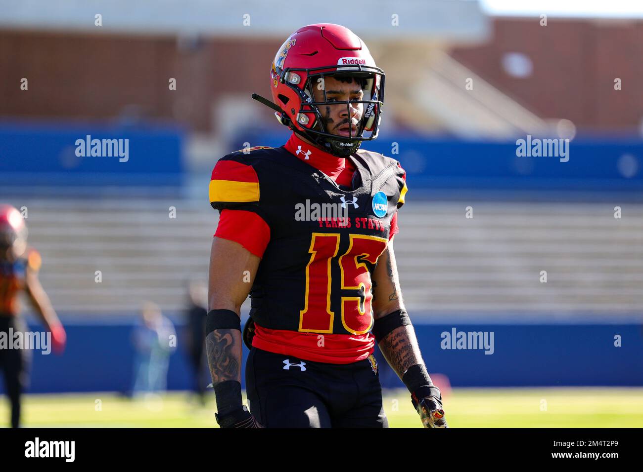 Ferris State Bulldogs Xavier Wade (15) pendant les échauffements le championnat national de football universitaire de la Division II de la NCAA, au stade McKinney ISD Saturd Banque D'Images