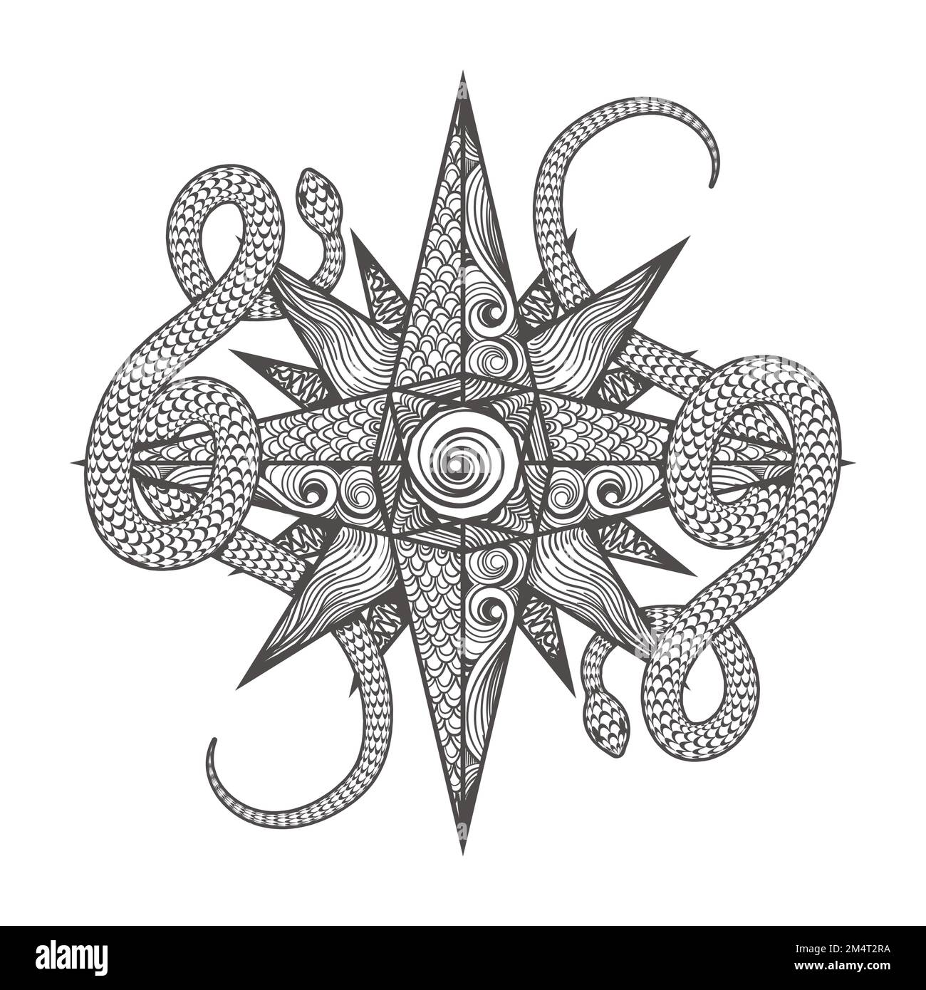 Tatouage de l'Emblem ésotérique d'étoiles et de serpents dessiné dans le style de Zenangle isolé sur blanc. Illustration vectorielle Illustration de Vecteur