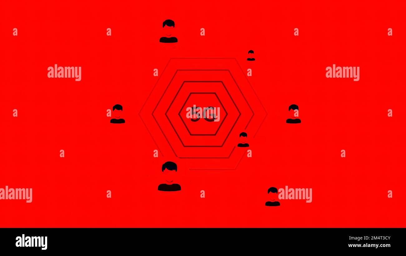 Norme technologique de cinquième génération pour les réseaux cellulaires à large bande. Mouvement. 5G diffusion du signal et des icônes de personnes sur fond rouge Banque D'Images