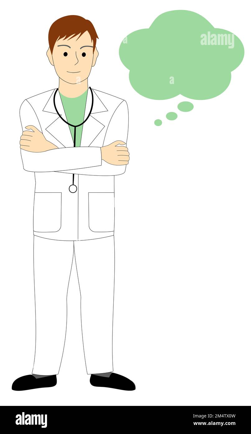 Un médecin masculin, chirurgien, dentiste, vétérinaire, fond blanc avec ballon de parole Banque D'Images