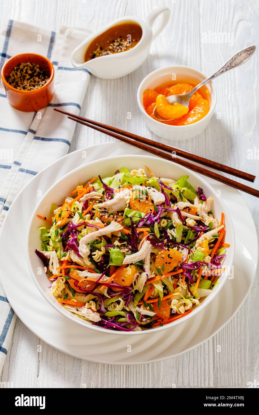 Salade de poulet chinois avec viande de poulet déchiquetée, mandarines, nouilles croquantes, chou rouge, chou napa, carottes, oignons verts dans un bol, vertica Banque D'Images