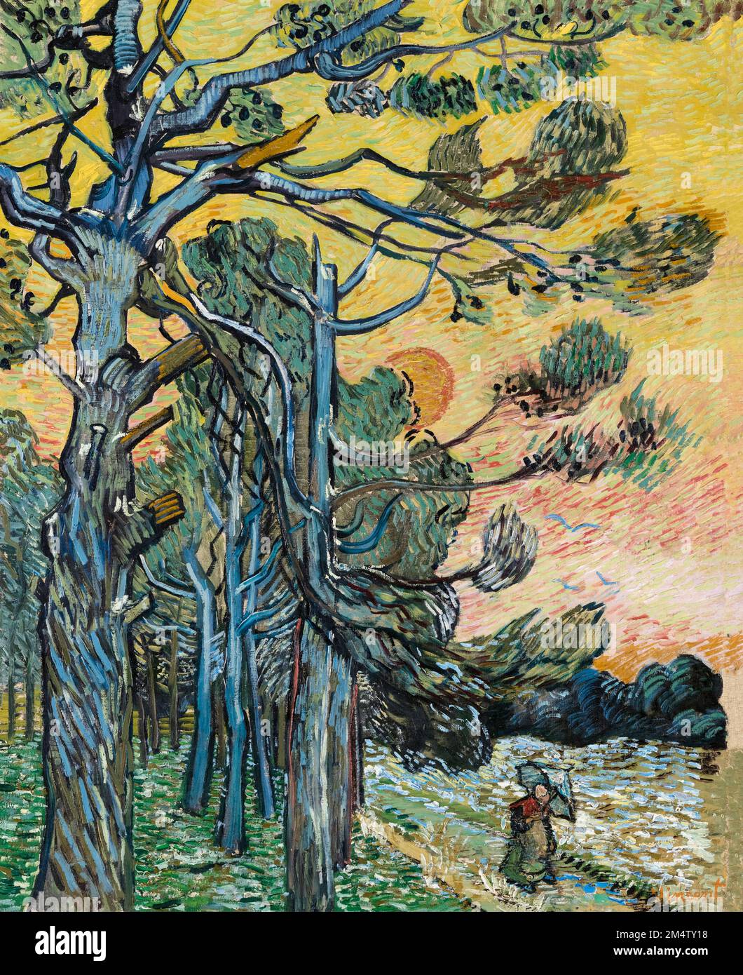 Vincent van Gogh, pins au coucher du soleil, peinture à l'huile sur toile, 1889 Banque D'Images