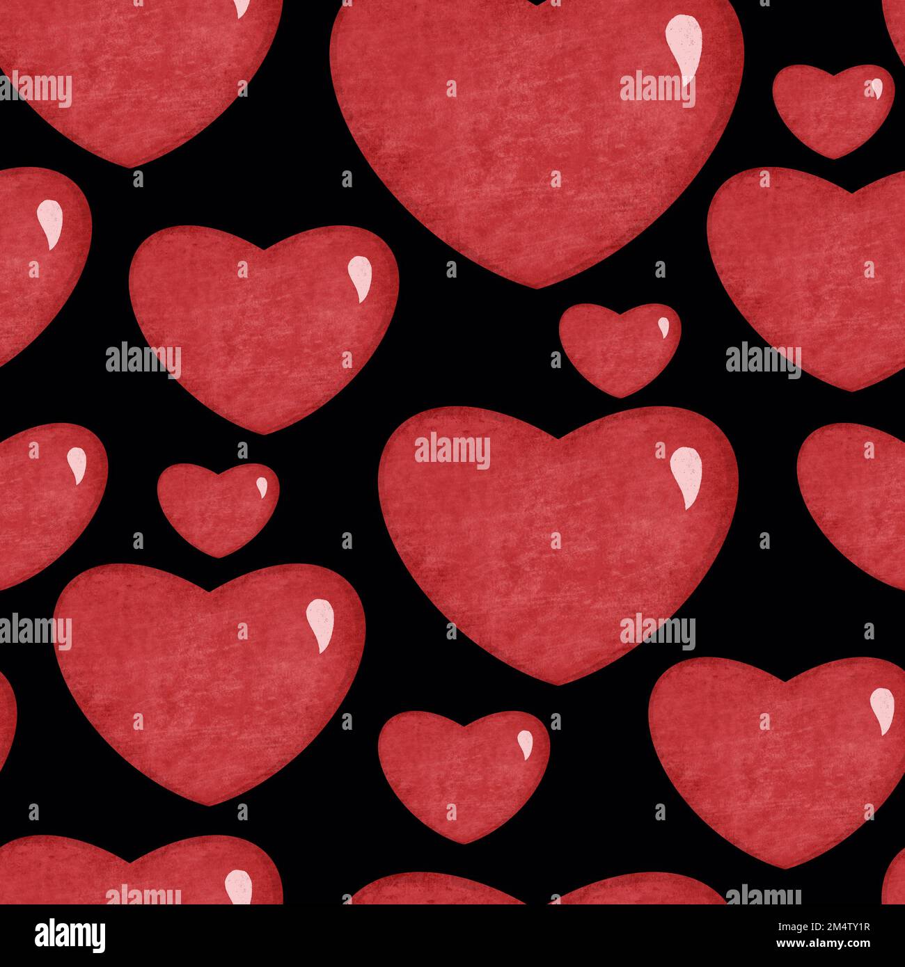 Motif coeurs sans coutures. 3D coeurs brillants texturés dessinés à la main isolés sur fond noir. Imprimé Saint-Valentin Banque D'Images